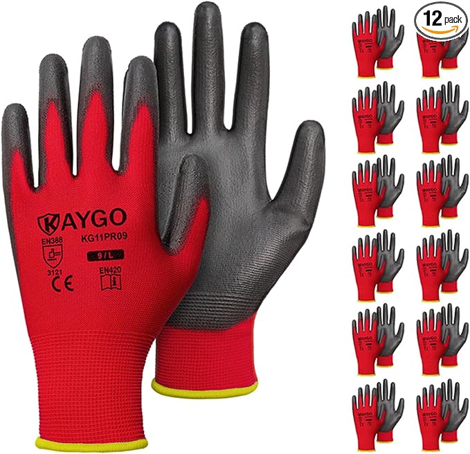 KAYGO Work Gloves for Men and Women, 12 Pairs Seamless Knit PU Coated Safety Gloves, with Smooth Grip on Palm and Fingers, Ideal for Light Warehouse, Manufacturing, Gardening, KG11P (L, Red)