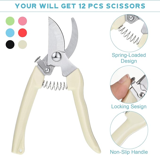 Lothee 12 Pcs Gardening Scissors Pruning Shears Stainless Steel Plant Scissors Flower Cutters for Stems Flower Clippers Garden Pruners for Cutting Flowers, Plants, Light Branches and Picking Fruits