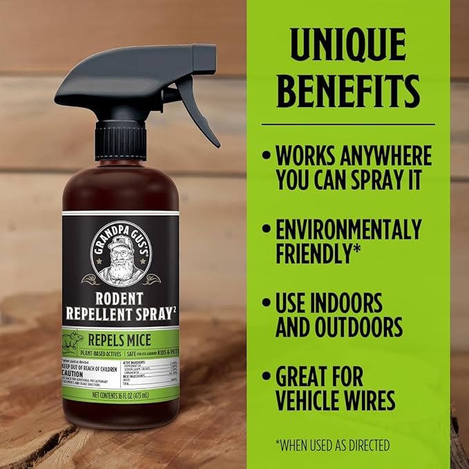 Grandpa Gus's Rodent Repellent Spray, Peppermint & Cinnamon Oil, Prevents Mouse/Rats from Nesting & Chewing on Wires, 16 fl oz (1 Bottle)