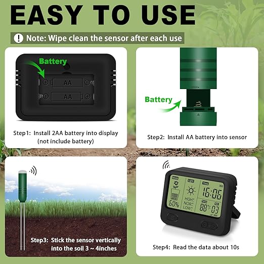 4-in-1 Wireless Soil Moisture Meter/Thermometer/Sunlight/Time,PH Paper, Waterproof Plant Moisture Sensor Meter with Digital LCD Display for Garden, Lawn and Indoor Plants