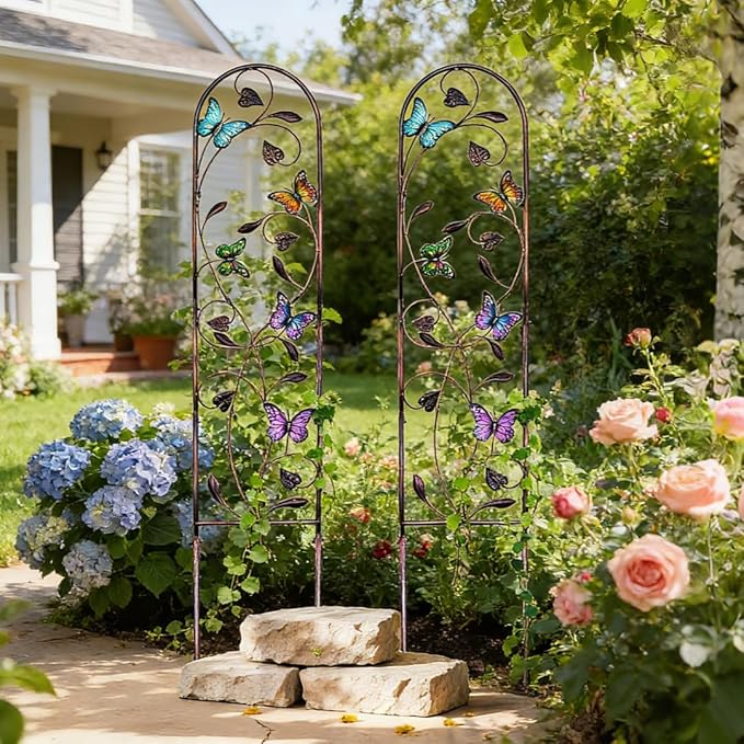 4 Pack Metal Garden Trellis with Colorful Butterfly, Outdoor Decoration Arched Fence Trellis for Climbing Plants for Patio, Backyard, Lawn, Wall Brackets