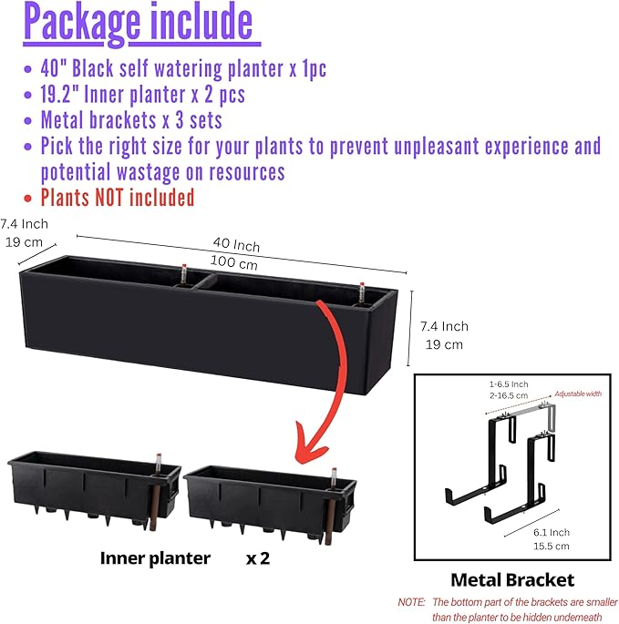 LaLaGreen Rail Planter for Balcony Outdoor (1 Pack, 40 Inch) Large Black Self Watering Railing Planters with Brackets, Rectangular Plastic Window Flower Box Simple Designer Choice with Rattan Pattern