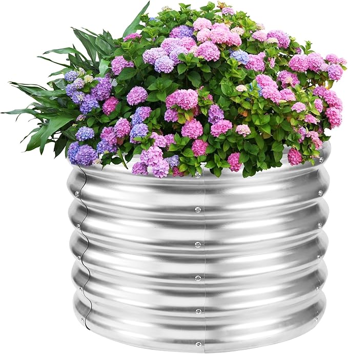 17" Tall Round Outdoor Garden Raised Garden Bed Kits-0.8MM Thick Metal Raised Planter Bed/Ground Planter Box for Variety of Flowers,Herbs,Vegetables,Trees (Silver, 24 Dia X 16.5 inches)