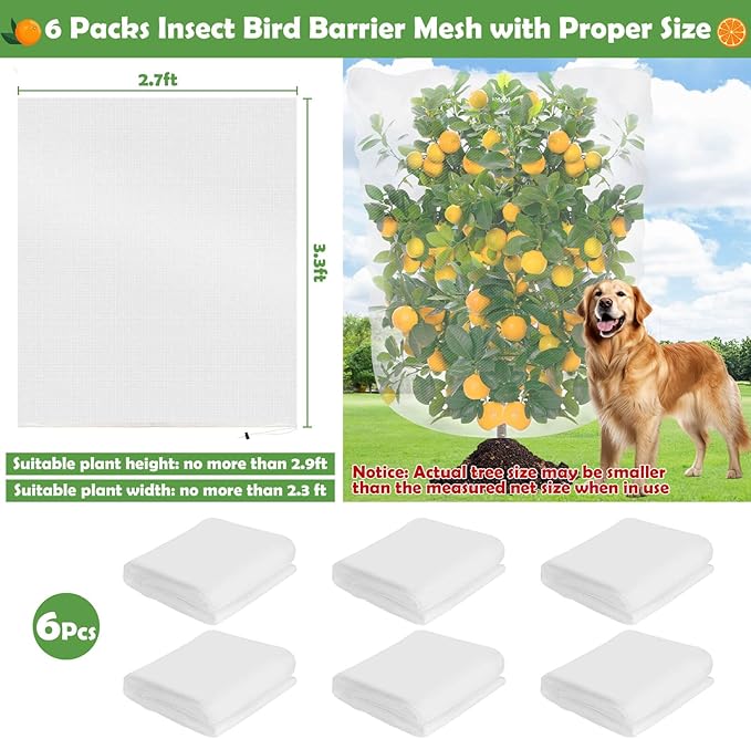6 Pack Blueberry Bush Netting Cover, Bird Netting for Blueberry Bushes, Garden Netting Insect Pest Barrier with Drawstring, Plant Fruit Tree Netting Net for Garden Protection 3.3Ft x 2.7Ft