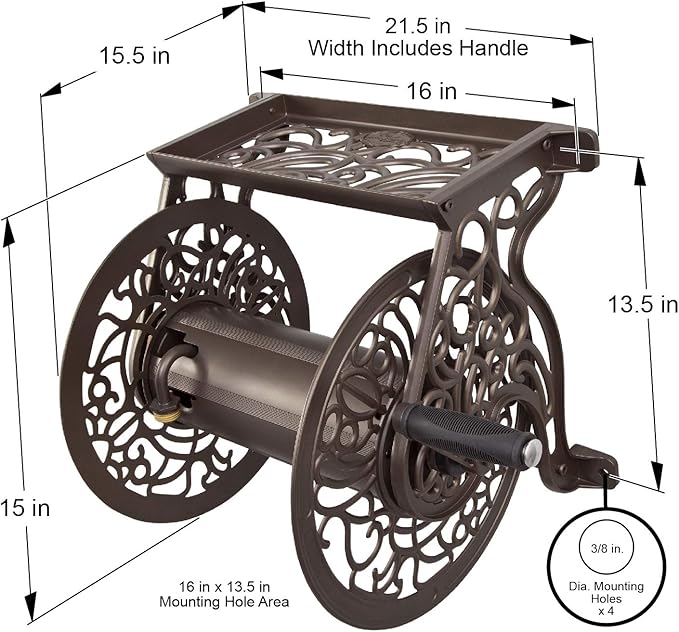 Liberty GARDEN 704 Decorative Cast Aluminum Wall Mount Garden Hose Reel, Holds 125-Feet of 5/8-Inch Hose - Bronze