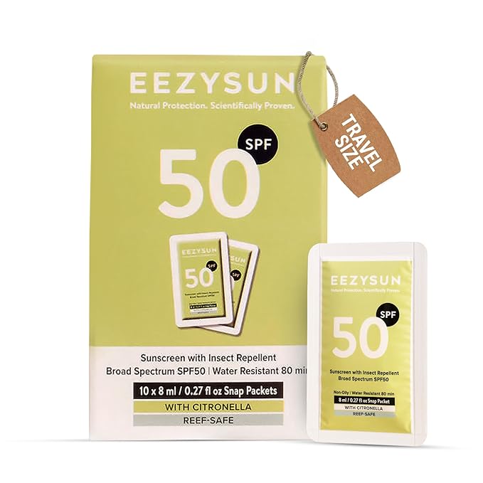 SPF 50 Sunscreen and Insect Repellent Snap Packets - Sunscreen Travel Size Bug Repellent with Citronella Oil, Lemongrass, and Neem Oil - Reef-Safe Repellent - 10 Snap Packets (0.27 fl oz each)