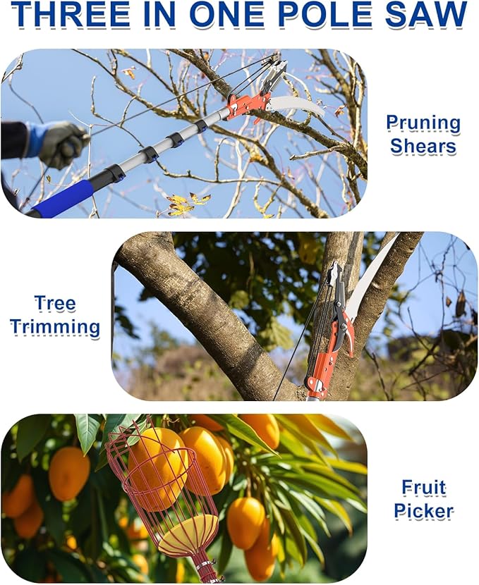 26FT Reach Pole Saw, Telescoping Tree Trimmer with 5-20FT Extension Pole, Sharp Steel Blade and Scissors, Fruit Picker, Extendable Long Handle Tree Pruner for Yard Garden Trees Palms Shrubs