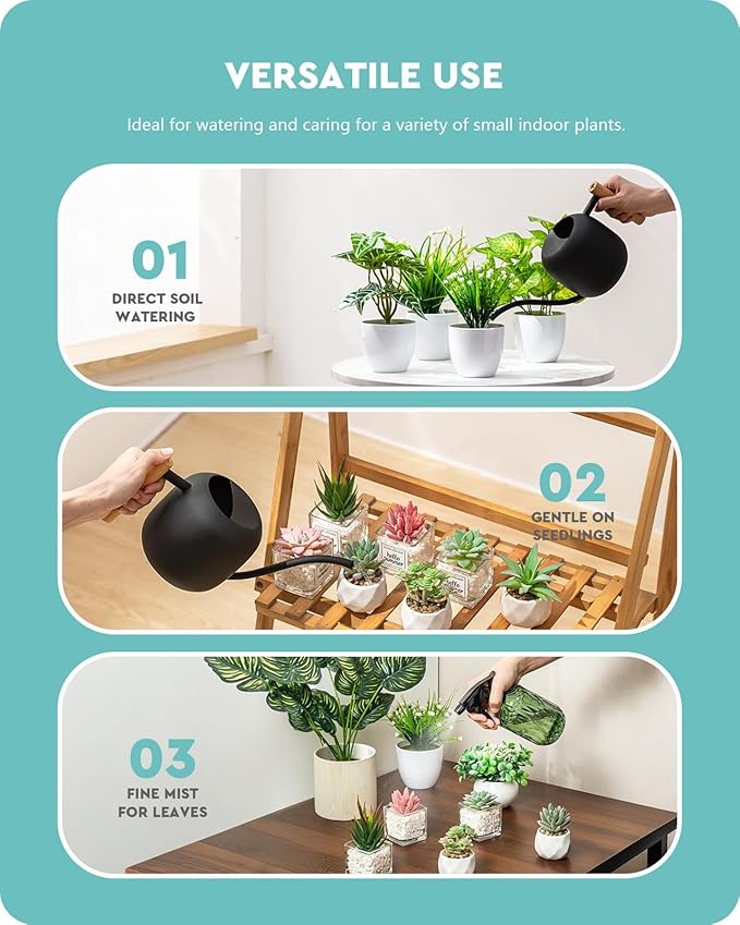 Baffect Indoor House Plants Watering Can Set, Include 41oz Metal Long Spout Watering Can & 13.5oz Dark Glass Misting Spray Bottle, Water Spray Bottle with Adjustable Nozzle Ideal for Bonsai, Orchid