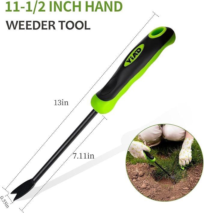 YIAD Hand Weeder Weed Puller Tool - 13-Inch Heavy Duty Dual Tip Design for Root Removal, Rust-Resistant Steel, Ergonomic Grip, for Garden Lawn Yard Patio Flower Bed