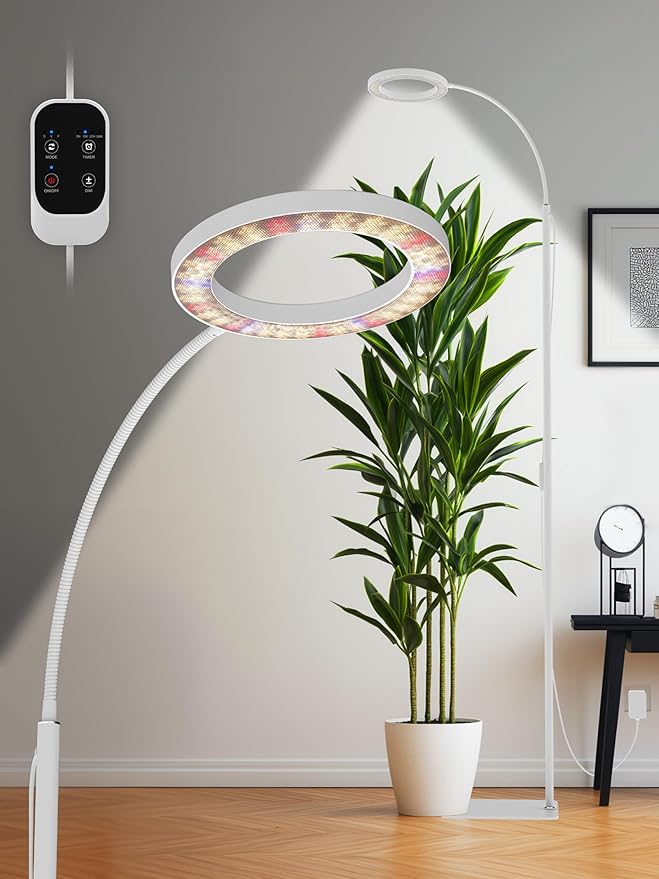 GLOWRIUM Grow Lights for Indoor Plants, Full Spectrum LED Grow Light, Stepless Dimming,3 Lighting Mode and Adjustable Height, Plant Light with 3/9/12/16H Timer (White, 24W)