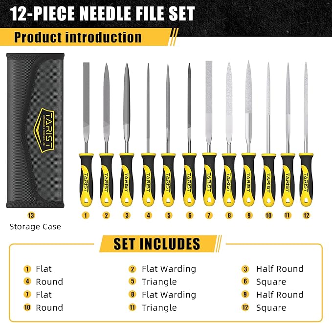 TARIST 12PCS Needle File Set with Tool Bag, Small File Set Includes 6pcs Jewlers Files & 6 Steel Files for Metal, Jewlers, Wood, Leather and Plastic