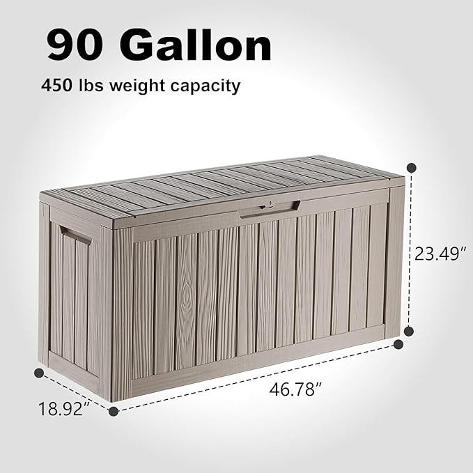 Vixzen 90 Gallon Resin Deck Box, Lockable Outdoor Storage Box for Patio Cushions Storage Furniture,Garden Tools, Pool Supplies, Weatherproof and UV Resistant（Grey，90 Gallon）