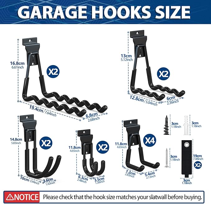 Slatwall Hooks 14PC, Slatwall Accessories, Slat Wall Hanging Hooks and Hangers 5 Sizes with Extension Cord Organizer, Proslat Accessories for Organizing Garden Tools(Black)
