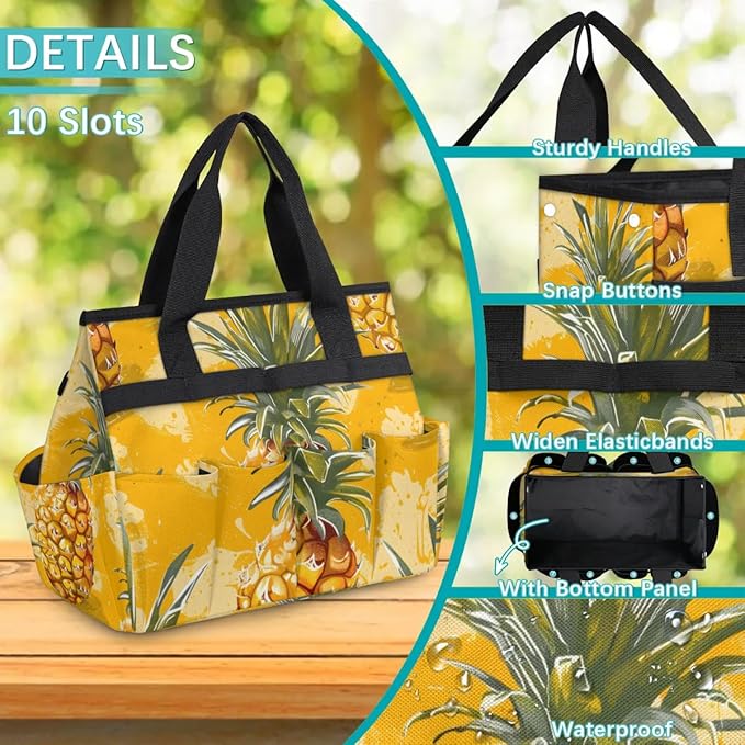 Garden Tool Bag Organizer Garden Tote Bag with Pockets Doodle Pineapple Tool Storage Organizer Gardening Tool Kit Holder 13" x 6.8" x 2.8"