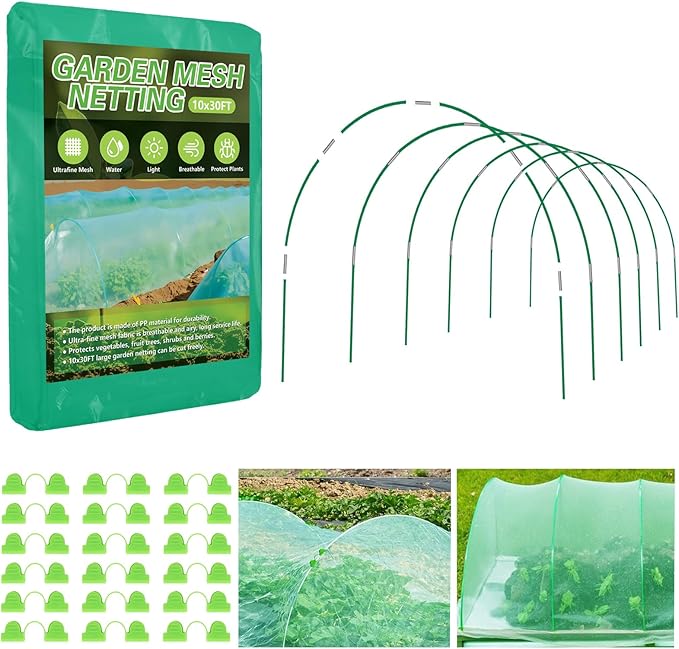 Garden Mesh Netting Kit, 10x30FT Green Ultra Fine Mesh Netting ＆6 Sets of 8FT Fiberglass Garden Hoops for Raised Beds, Insect Netting Row Cover Net Protect Plants Vegetable Fruits Flowers
