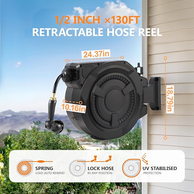 wikiwiki Retractable Garden Hose Reel 1/2 in x 130 ft, Heavy Duty Wall Mounted Hose Reel with 10- Function Sprayer Nozzle, Automatic Slow Return System/180°Swivel Bracket/UV Resistant (Black)