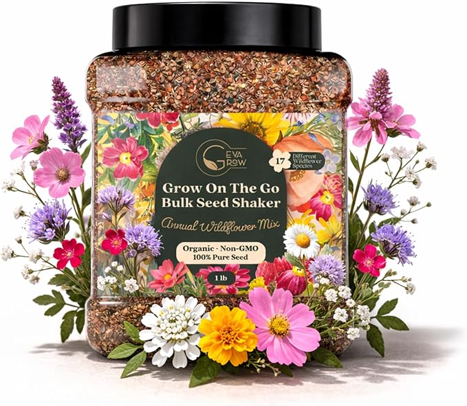 Wildflower Seed Shaker – Annual Mix by GevaGrow | 17 Variety Flower Seeds for Planting in Pots & Outdoor Gardens, Bulk 300,000+ Seeds - 1 Pound Tub