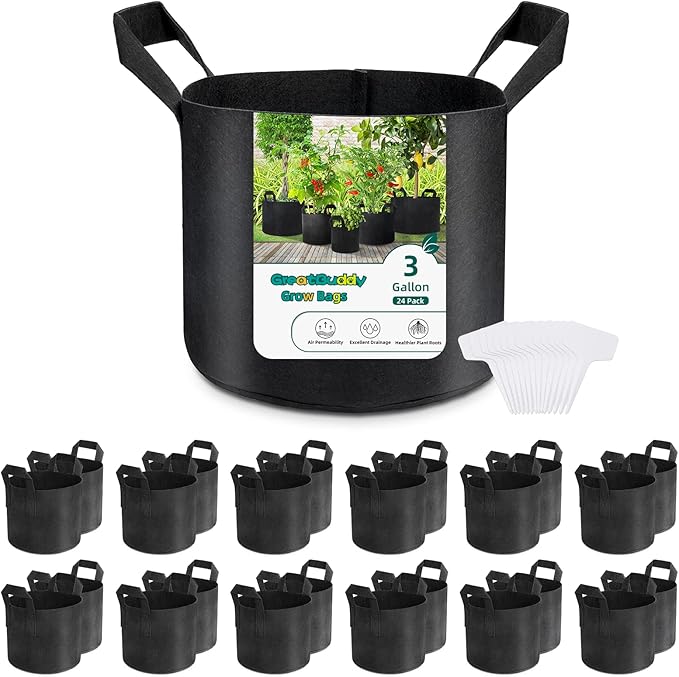 GreatBuddy 3 Gallon Grow Bags 24-Pack, Thick Fabric Pots for Plants, Sturdy Handles & Reinforced Stitching, Labels Included, Black