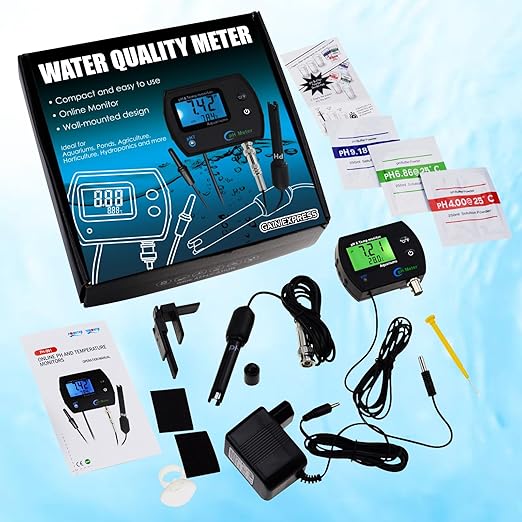 2 in 1 pH & Temperature Monitor, pH Meter with Backlight Function, Dual Display 0.00~14.00pH °C/ °F Water Quality Tester pH Monitor for Water, Fish Tank, Aquarium, Hydroponics, Pools