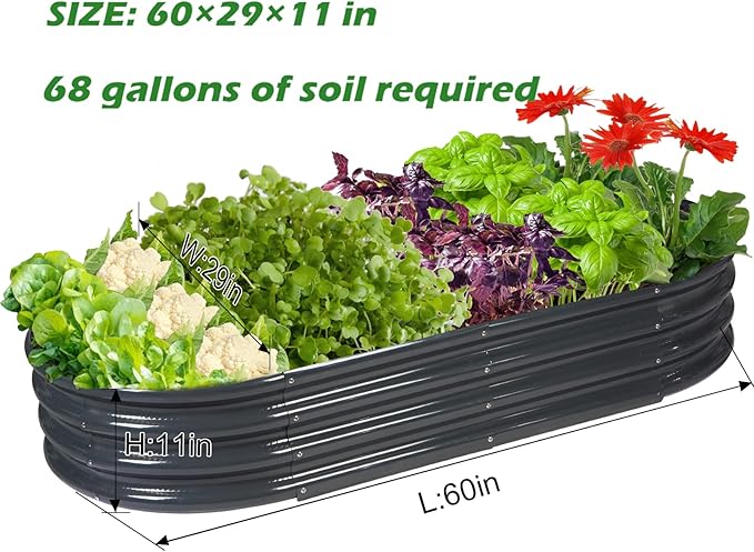 Raised Garden Bed GRS Certified Galvanized Planter Box Outdoor, 5ft Oval Rot-Resistant Metal Garden Bed Planter, Recycled Eco-Friendly Material Planter for Vegetables Flowers Herbs (Grey)