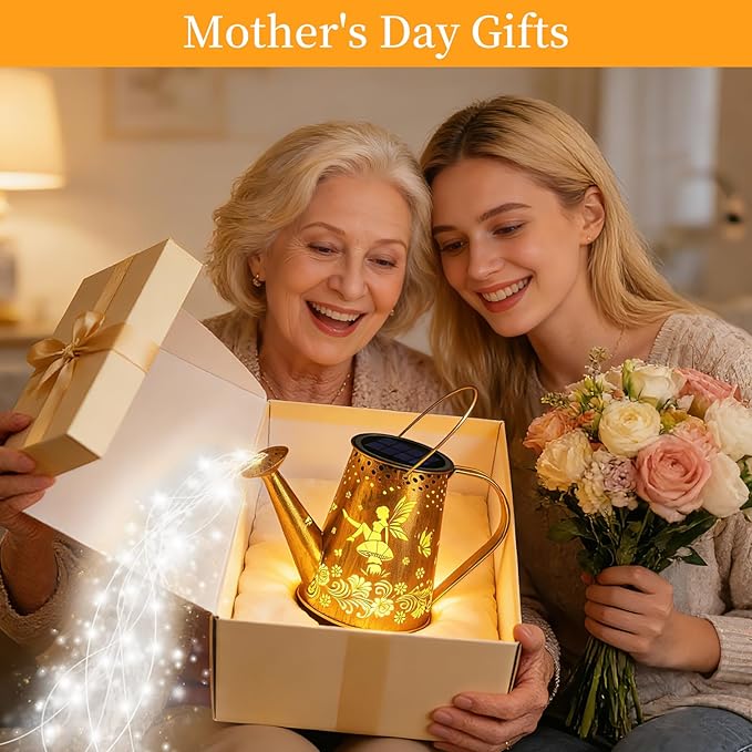 YJFWAL Solar Watering can with Lights, Gifts for Mothers Day Mom Grandma Women Birthday, Waterproof Gardening Gifts Watering Can with Cascading Lights Outdoor Decor for Garden Patio Yard Pathway