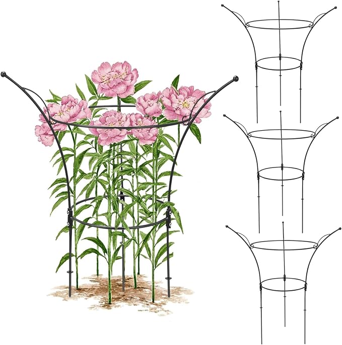 4 Pack Peony Cages and Supports Cages 13" D x 22.8" H Heavy Duty Metal Support Frame for Peonies & Roses Natural Bouquet Shape Garden Stakes for Outdoor Plants Flowers Ornamental (Black)