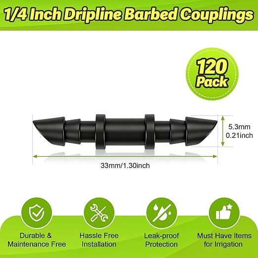 120 Pieces 1/4" Drip Irrigation Coupling Fittings：Drip Line Double Barbed Coupler Connectors for 1/4 Inch Irrigation Tubing 1/4'' Straight Coupler with Sharp End for Drip Irrigation System