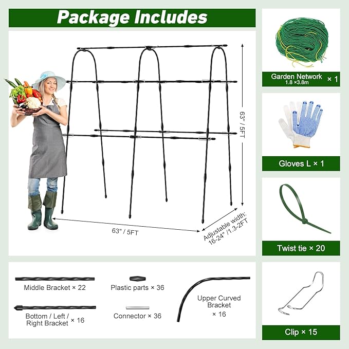 5ft Metal Cucumber Trellis for Raised Bed, Garden Arch for Climbing Plants, Black, Semicircular, Polyethylene Coated, Modern Style, Formal, Classic, Decorative