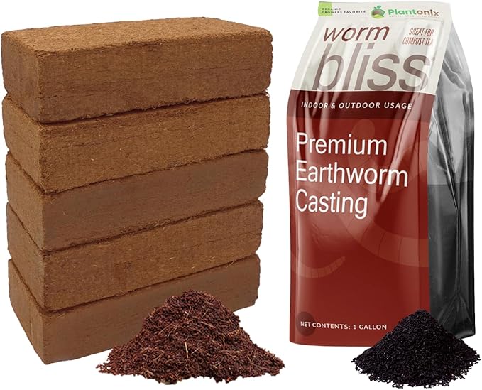 Coco Coir 650gm Bricks (5-Pack) + Worm Bliss (1 Gallon) - Organic Coco Coir for Plants & Worm Castings for Plants - Coconut Coir Bricks - Earthworm Castings Worm Fertilizer - Garden Soil Potting Mix