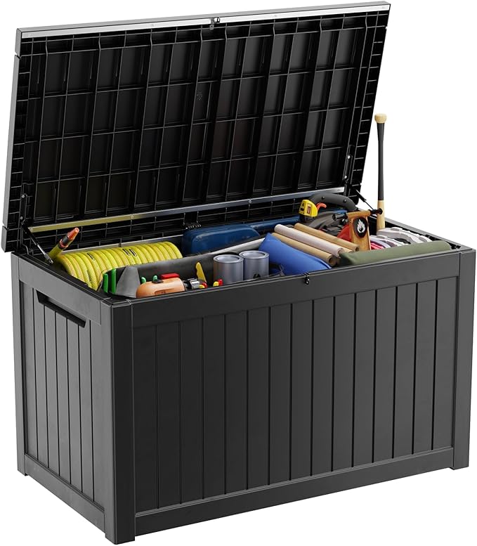 281 Gallon Large Resin Deck Box, Lockable Outdoor Storage Box for Patio Cushions Storage Furniture,Garden Tools, Pool Supplies, Weatherproof and UV Resistant (Black)