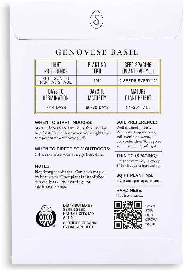 Sereniseed Certified Organic Genovese Basil Seeds – Non GMO, Heirloom – Seed Starting Video – Seeds for Indoor and Outdoor Planting (Ocimum basilicum)