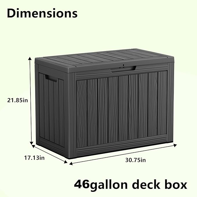 Vixzen 46 Gallon Resin Deck Box, Lockable Outdoor Storage Box for Patio Cushions Storage Furniture,Garden Tools, Pool Supplies, Weatherproof and UV Resistant（Black，46 Gallon）