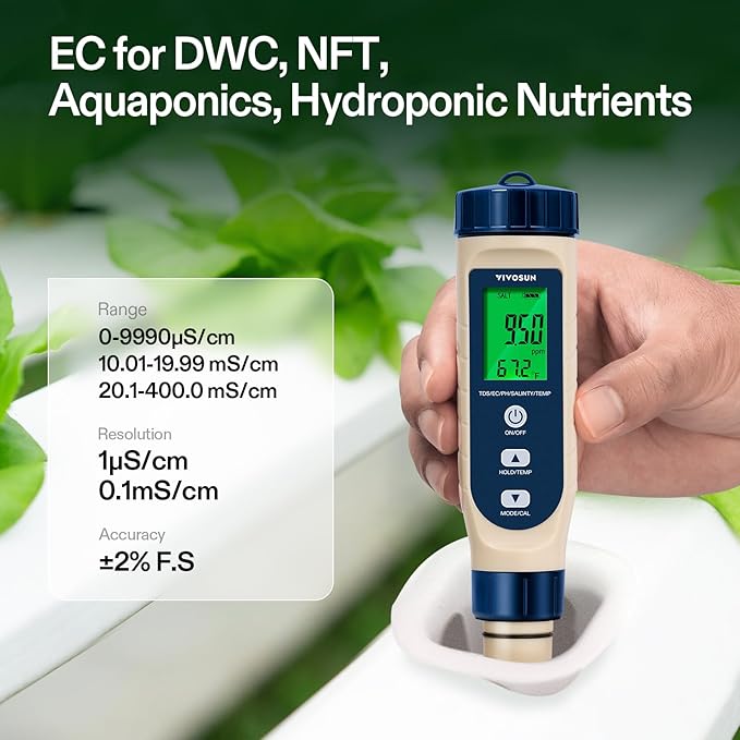 VIVOSUN 5-in-1 Digital PH Meter with PH/Salinity/TDS/EC/Temperature Function, Backlight Screen, IP67 Waterproof for Hydroponics, Home Drinking, Pool and Aquarium