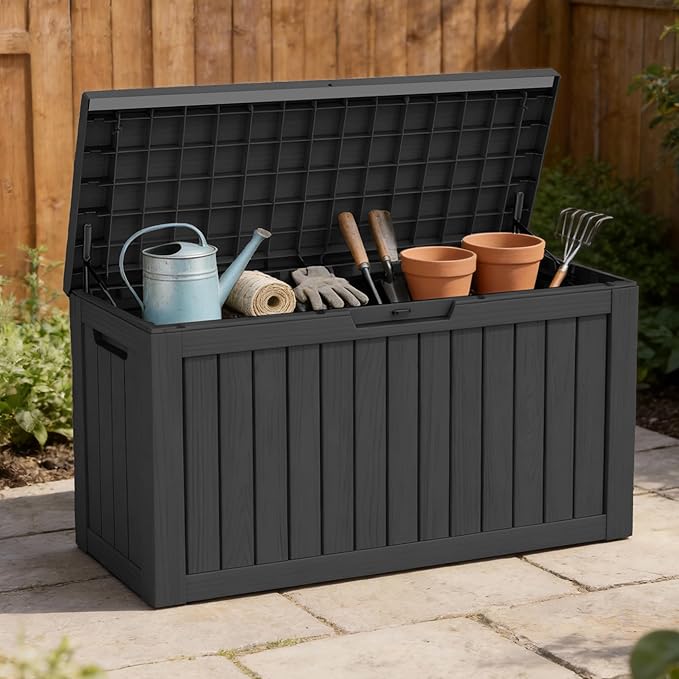 DRATO 85 Gallon Outdoor Deck Box, Weather-Resistant Resin Patio Storage Box with Hydraulic Rod, Large Capacity Storage Bin for Garden Tools, Pool Towels, Outdoor Cushions & Toys (Black)