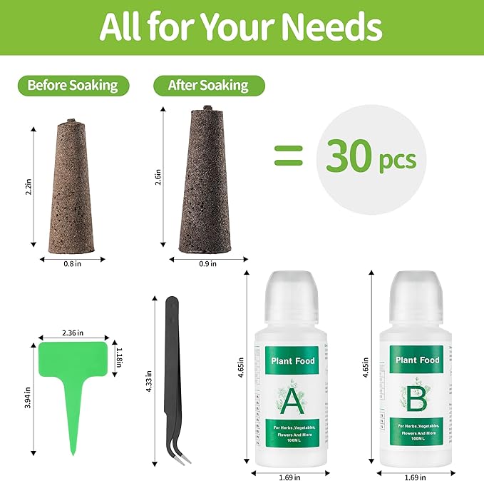 Seed Pods Kit for AeroGarden, 30pcs Grow Sponges with A&B Nutrient, 1 Tweezers, 10 Tags, Seed Starter Pods Replacement Root Growth Sponges Compatible with Hydroponics Growing System