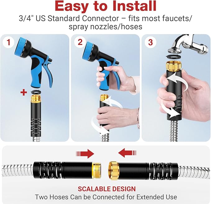 Lefree 75ft Metal Garden Hose - Heavy Duty 304 Stainless Steel Flexible Water Hose, No Kinks & Leak-Proof with Upgraded Handle, 10-Function Spray Nozzle for Yard, Garden, Pet Bath, Outdoor Cleaning