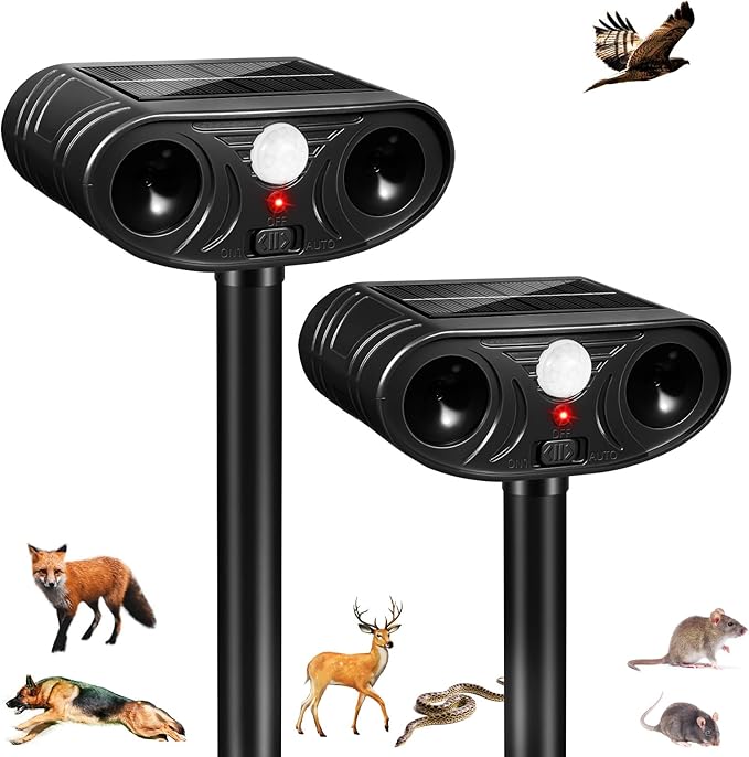 2026 Upgraded Solar Ultrasonic Animal Repellent Deer Repellent Devices Cat Deterrent Outdoor with Motion Sensor Dog Deterrent Keep Raccoon Squirrel Skunk Rabbit Away from Yard Lawn Garden 2 Pack
