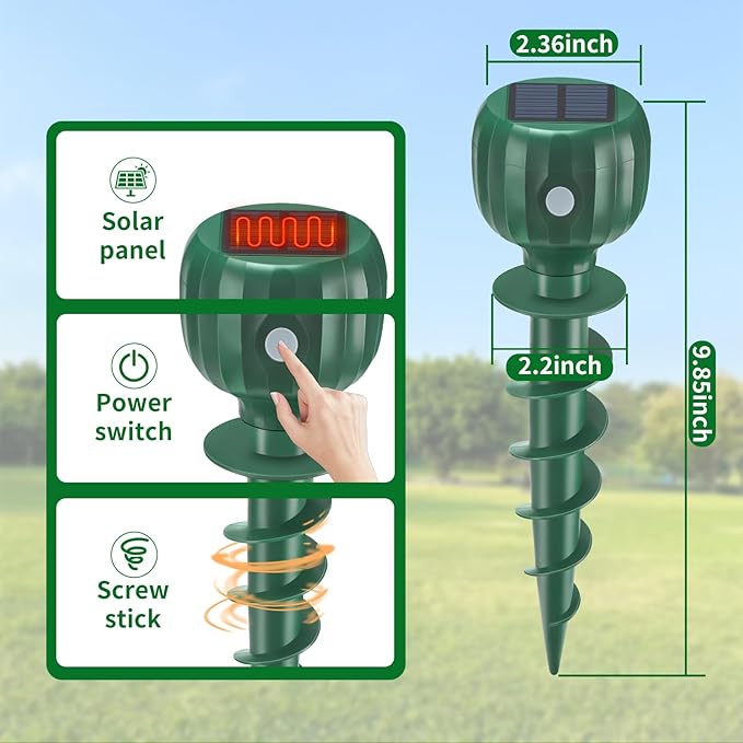 Mole Repellent Solar Powered, Waterproof Sonic Spikes Gopher Vole Groundhog Snake Chipmunk Mole Deterrent for Lawn & Garden 8 Pack