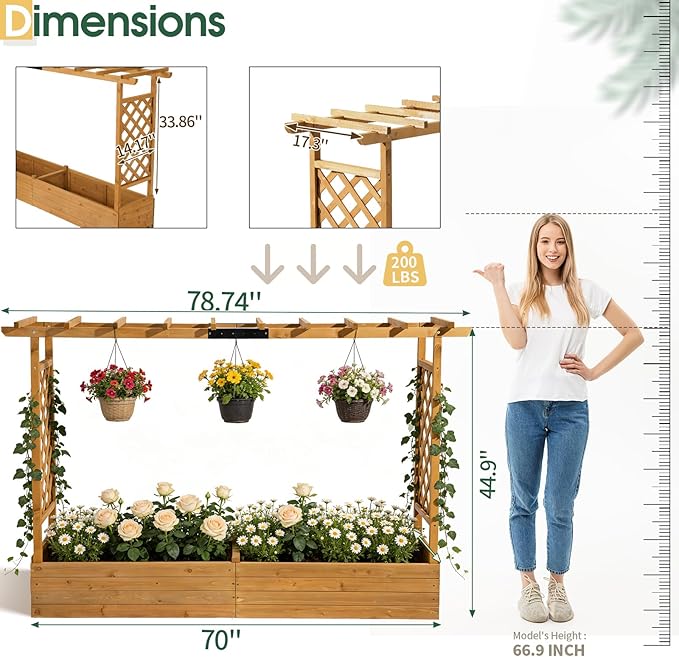VINGLI Raised Garden Bed with Trellis & Hanging Roof, Wooden Garden Bed, Outdoor Planter Box for Yard, Garden, Balcony (Teak Color, Wider)