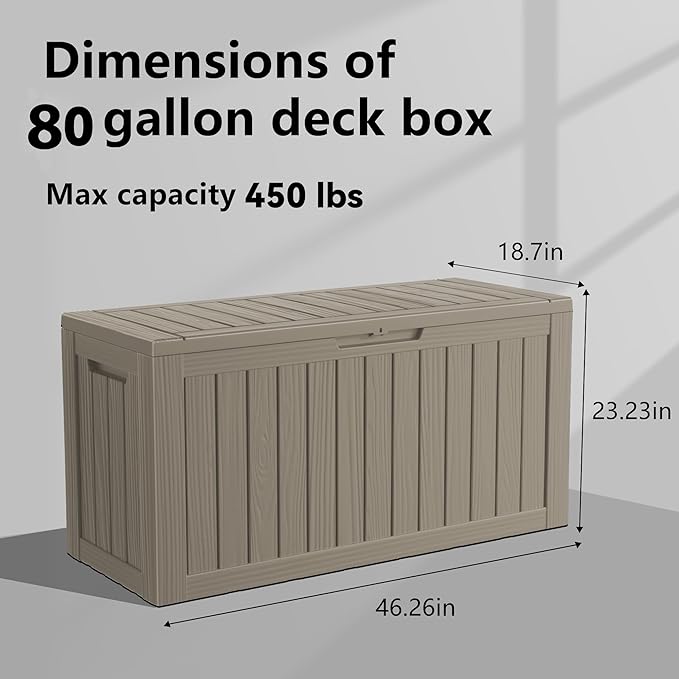 80 Gallon Resin Deck Box, Lockable Outdoor Storage Box for Patio Cushions Storage Furniture,Garden Tools, Pool Supplies, Weatherproof and UV Resistant (Grey)