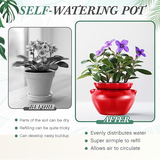 6.3 Inch African Violet Pots, Red Self Watering Pot for Indoor Plants, Ceramic Easy Plant Self Watering Pot for Thriving Plant Flower Maintenance