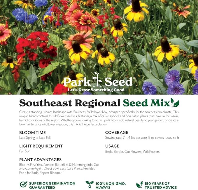 Park Seed Grow Your Own Vibrant Annual and Perennial Wildflower Garden Seeds Mixture, Easy to Grow Varieties for Pollinators and Spring Gardens - Southeast Regional Mix, 5 lbs