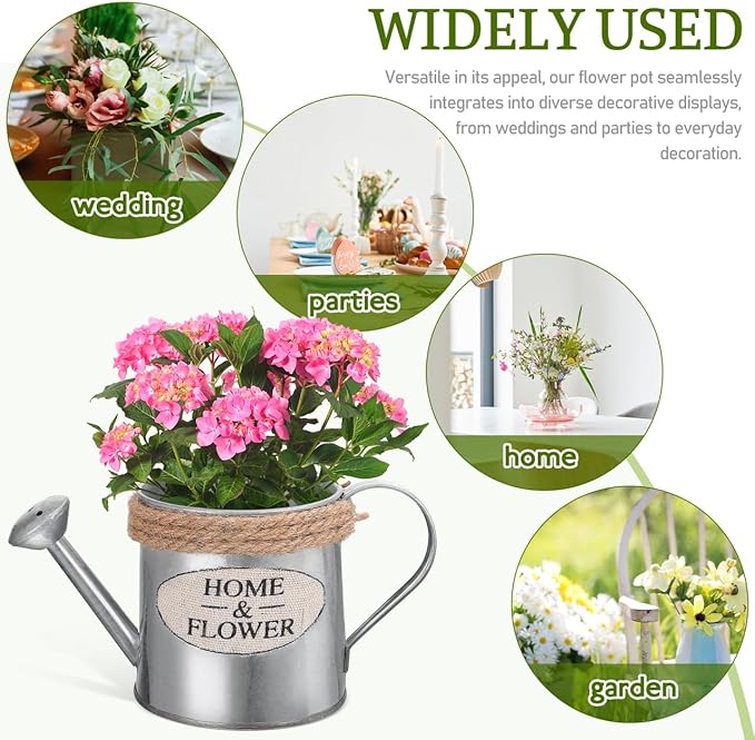 Cabilock 3pcs Rustic Galvanized Metal Vase with Jute Rope Handles - Farmhouse Decorative Flower Pot, Vintage Watering Can Pitcher for Home Decor, Wedding Centerpiece, Tabletop Floral Arrangement