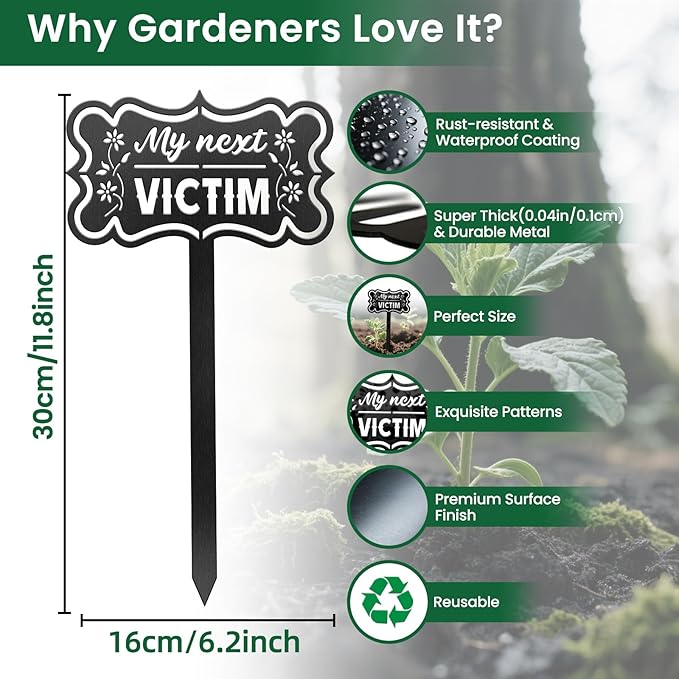 CUTHOLLOW Metal Plant Marker Stake My Next Victim for Outdoor Indoor, Waterproof 11.8 inch Cute Garden Plant Labels Sign Tag for Herb, Farmhouse Greenhouse Decor - Funny Gardening Gifts
