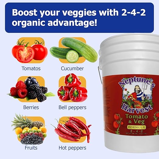 Neptune’s Harvest Organic Tomato & Vegetable Plant Fertilizer (2-4-2) - Liquid Plant Food w/Fresh Fish, Seaweed, Molasses, Yucca Extract, & Humic Acids - for Vegetable Garden (5 Gallon Pail)