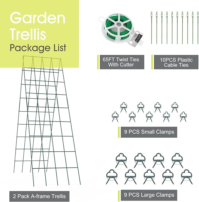 Cucumber Trellis for Raised Bed, Rifny 16.5 x 60 Inch Metal Trellis for Climbing Plants Outdoor with Plant Clips Twist Ties, Garden Plant A-Frame Trellis for Vegetable Pea Tomato (Green, 2 PCS)