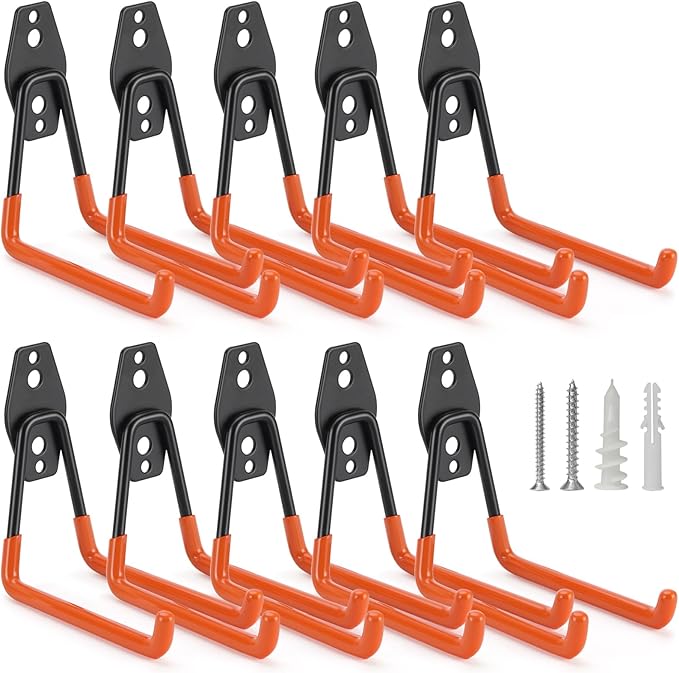 10 Pack Garage Hooks Heavy Duty Storage Organizer Wall Mount Power and Garden Tool Hangers, for Hanging Ladders, Ropes, Hose, Bulk Items