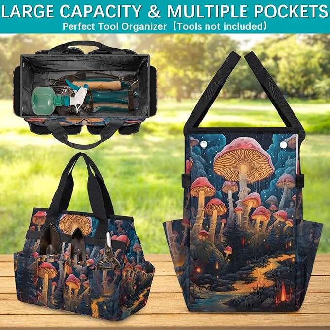 Garden Tool Bag Organizer Garden Tote Bag with Pockets Autumn Mushrooms Tool Storage Organizer Gardening Tool Kit Holder 13" x 6.8" x 2.8"