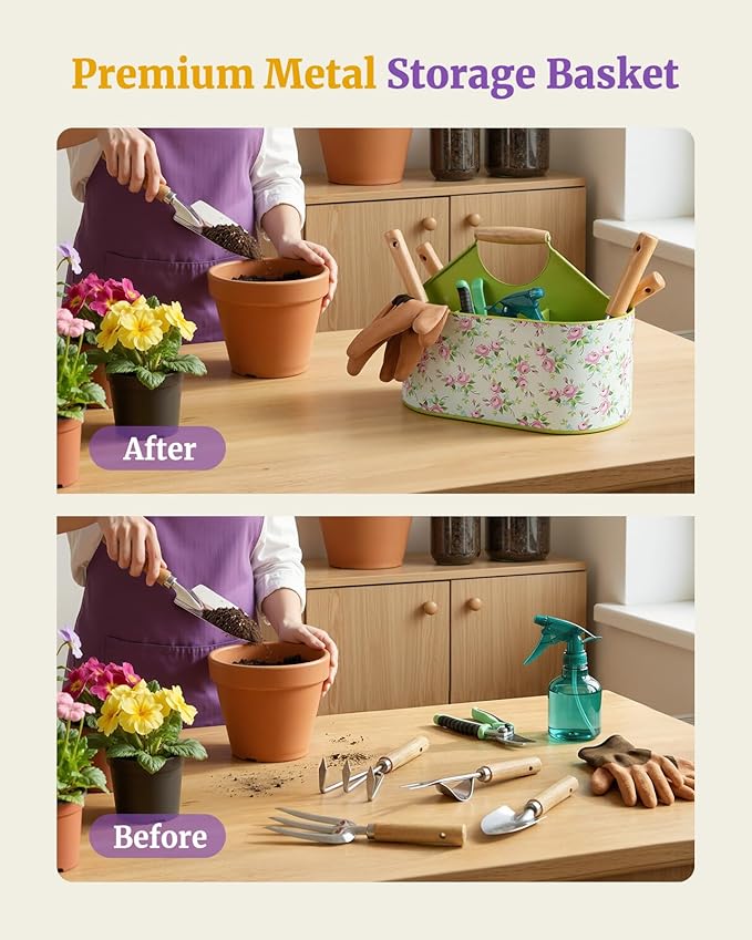 9-Piece Garden Tool Set, Heavy Duty Stainless Steel Rust-Proof Ｇardening Ｋit with Ergonomic Wood Handles, Durable Metal Organizer Basket with 4 Compartments, Gardening Gift for Women, Mother
