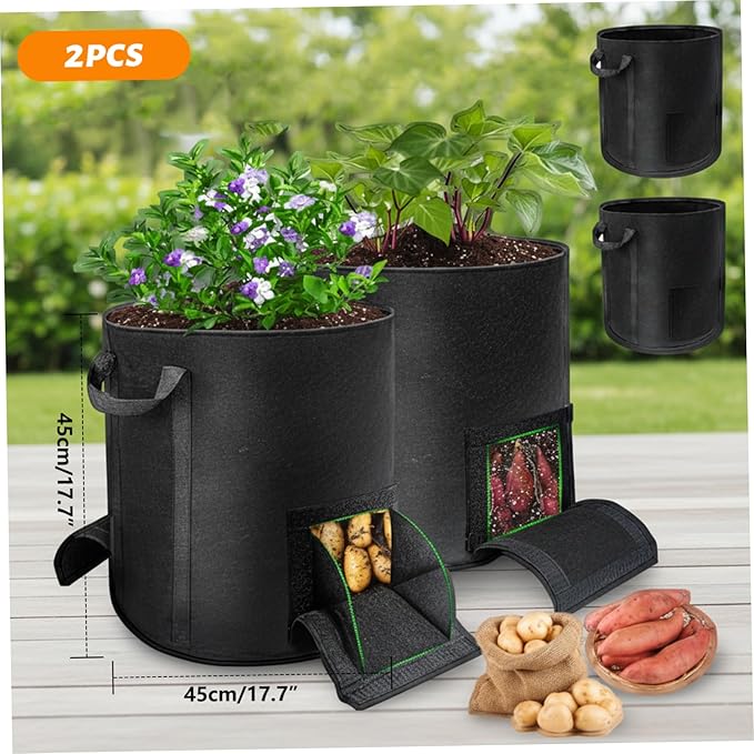 Potato Grow Bags 2PCS 15 Gallon Grow Bags with Harvest & Visible Windows Nonwoven Fabric Potato Planter with Handle for Taro, Beets, Carrots, Onions Fabric for Growing Potatoes